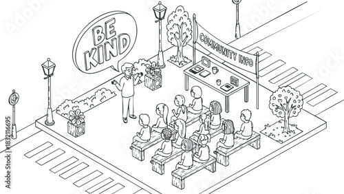 A community gathering scene with people listening to a speaker in an outline vector style, emphasizing kindness and community engagement