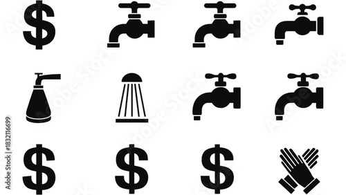 A monochrome illustration of water and money related icons on white