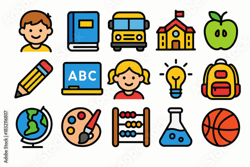 Colorful educational icons featuring school subjects and activities