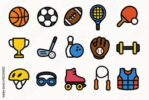 Colorful sports icon set featuring basketball, soccer, tennis, and more