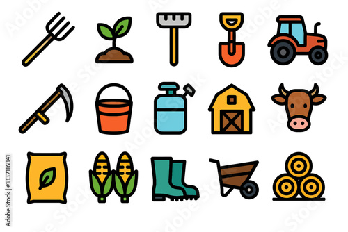 Colorful farming icons: tractor, barn, tools, and plants for agriculture design