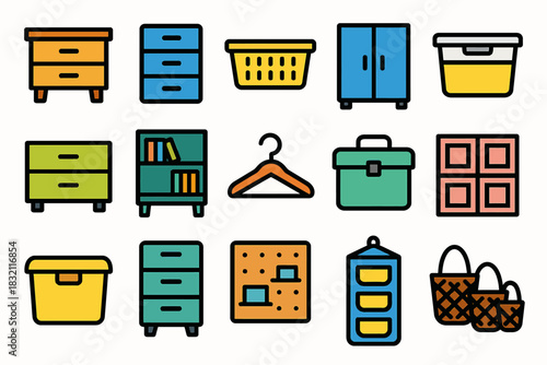 Colorful icons of storage furniture and organization items in flat design
