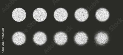 Set of grainy stipple circles with soft halftone noise and gradient fade. Abstract round textures for retro designs, shading, overlays, backgrounds and graphic effects