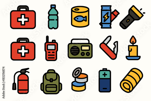 Essential emergency supplies icons: first aid, food, water, flashlight, communication, camping gear