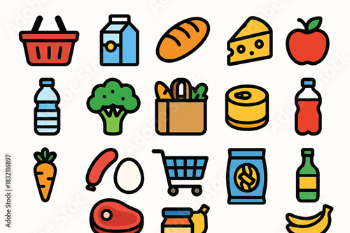 Colorful food and grocery icons set with fruits, vegetables, and dairy products