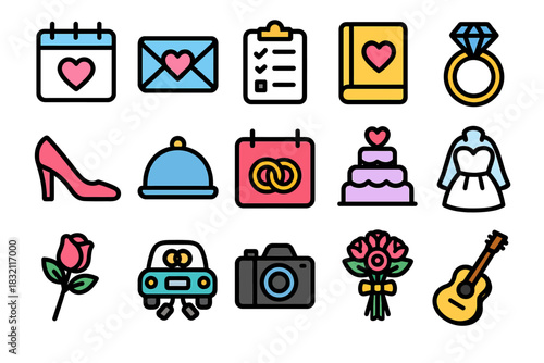 Colorful wedding icons for love and celebration