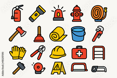 Colorful firefighting and safety tools icons including extinguisher and hard hat