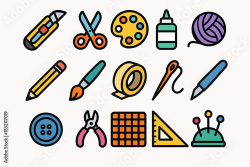 Colorful craft supplies icons: scissors, paint, yarn, and more