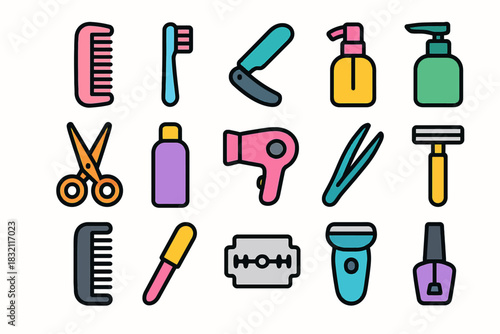 Colorful icons of hair and grooming tools for personal care
