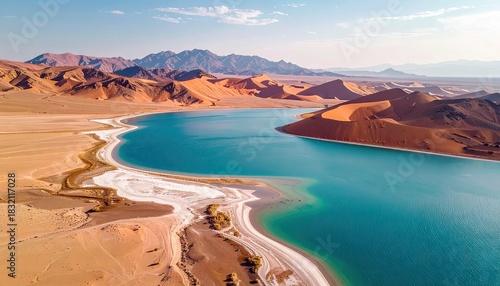 Fototapeta Naklejka Na Ścianę i Meble -  An aerial view showcases a stunning desert landscape with a vibrant blue lake surrounded by sand dunes and mountains under a clear, sunny sky.