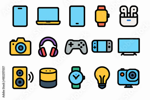 Colorful icon set featuring modern gadgets and technology devices