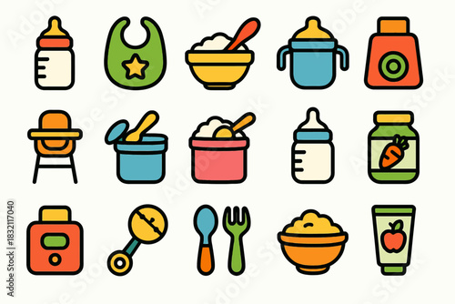 Colorful baby feeding essentials and accessories set