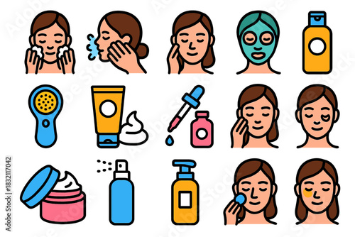 Skincare routine icons: female, caucasian, adult using beauty products