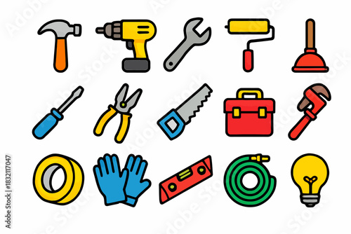 Colorful collection of illustrated tools for home improvement and diy projects