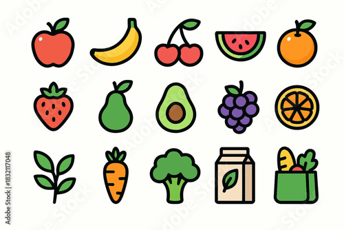 Colorful assorted fruits and vegetables icons with carton and grocery bag