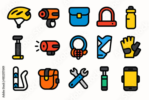 Colorful bicycle accessories: helmet, lights, lock, pump, bag, tools, gloves, bottle