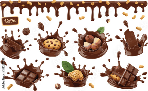 Collection of chocolate splash illustrations with cookies, nuts, bars, and drips, perfect for packaging, branding, advertising, dessert promotions, and food design projects