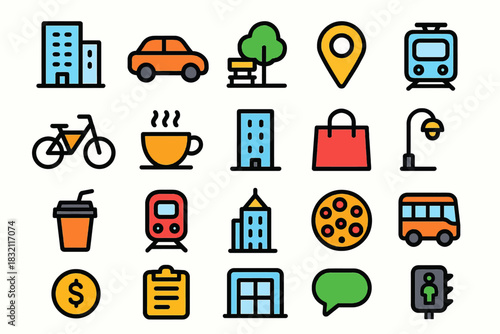 Colorful urban icons set featuring transport, food, and city landmarks