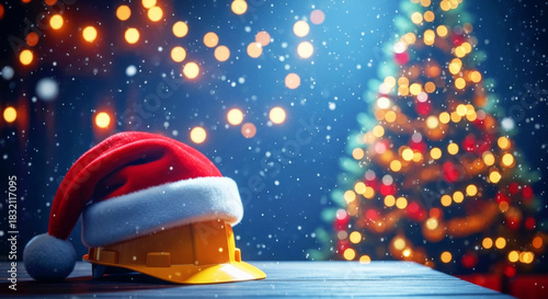 Santa hat on construction hard hat. Christmas holiday construction or worker celebration concept. Winter festive background with blurring lights.