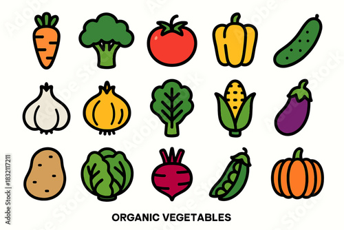 Colorful organic vegetables icons: carrot, broccoli, tomato, peas, pumpkin, corn, more