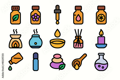 Colorful aromatherapy icons featuring oils candles diffusers and essential bottles