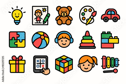Colorful child's play icons featuring toys, art supplies, and games