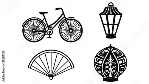 Black and white vector illustration of bicycle fan and two lamps
