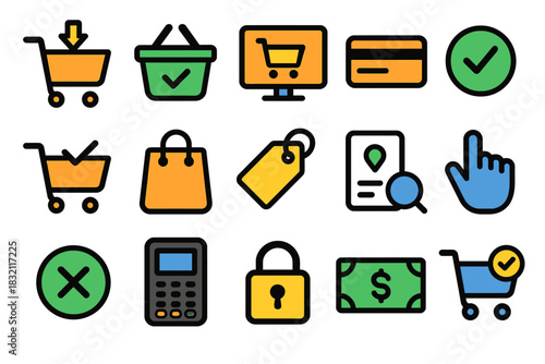 Colorful icon set for online shopping and e-commerce elements