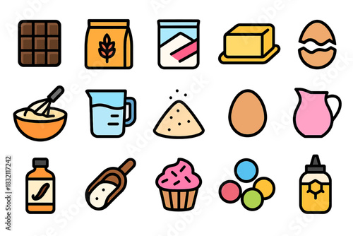 Colorful baking ingredient icons: chocolate, butter, flour, eggs, sugar, and more