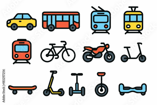 Various transportation icons: cars, bicycles, trains, and scooters illustrated
