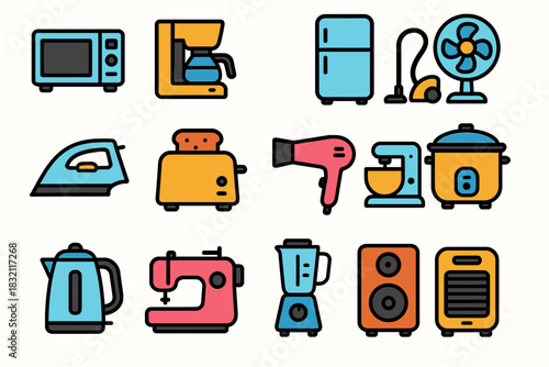 Colorful home appliance icons with various kitchen and household items