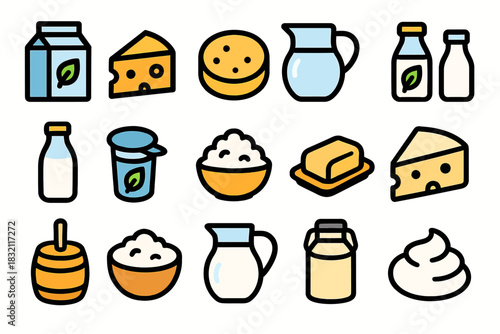Icons of various dairy products including cheese milk and butter