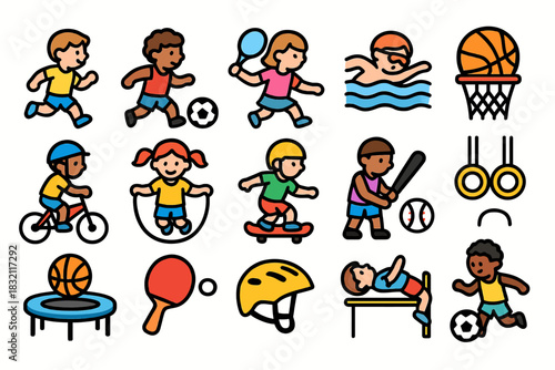 Illustration of diverse children engaged in various sports activities