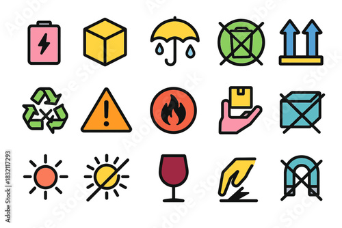 Colorful icon set: battery, cube, umbrella, recycle, sun, fire, warning, parcel, glass