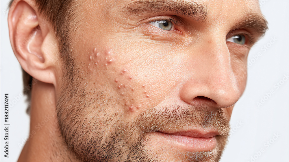 Obraz premium Close up portrait of man with post acne marks, uneven skin texture, facial hair, and visible pores, showing serious expression and natural skin imperfections