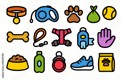 Colorful pet accessories collection with collar, leash, paw print, toy, and food bowl icons