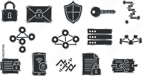 A collection of security icons including lock, envelope, shield, key, and data network in black and white minimalist vector style, suitable for technology and cybersecurity projects