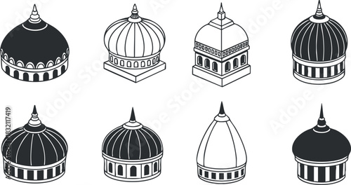 A set of eight architectural dome designs in black and white outline vector style, suitable for architectural projects and illustrations