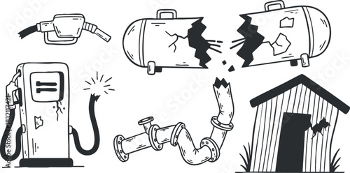A collection of broken fuel-related elements including a gas pump, leaking tank, and damaged pipes in black and white vector style, suitable for industrial repair themes