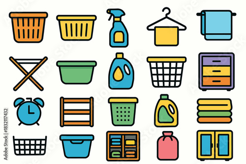 Colorful icons of laundry and cleaning supplies for household chores
