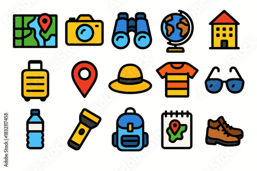 Colorful travel and adventure icons featuring maps, camera, binoculars, globe, and more