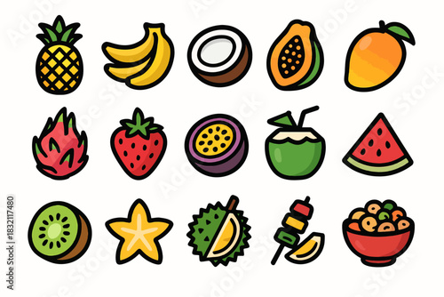 Colorful tropical fruits collection: pineapple, banana, coconut, papaya, mango, and more