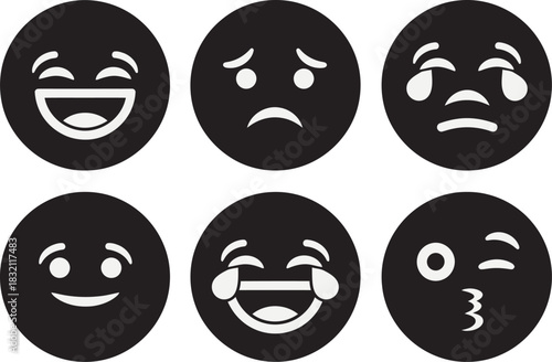 A comprehensive set of black flat design emoji icons representing diverse human emotions such as joy, sadness, and affection. Vector