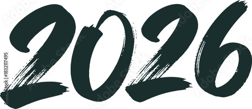 Two thousand twenty-six handwritten brush stroke text design element on white background for calendars and events. Vector