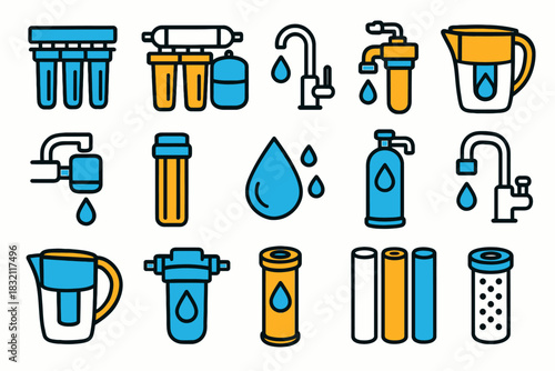 Colorful water filtration icons set with faucets, filters, and droplets