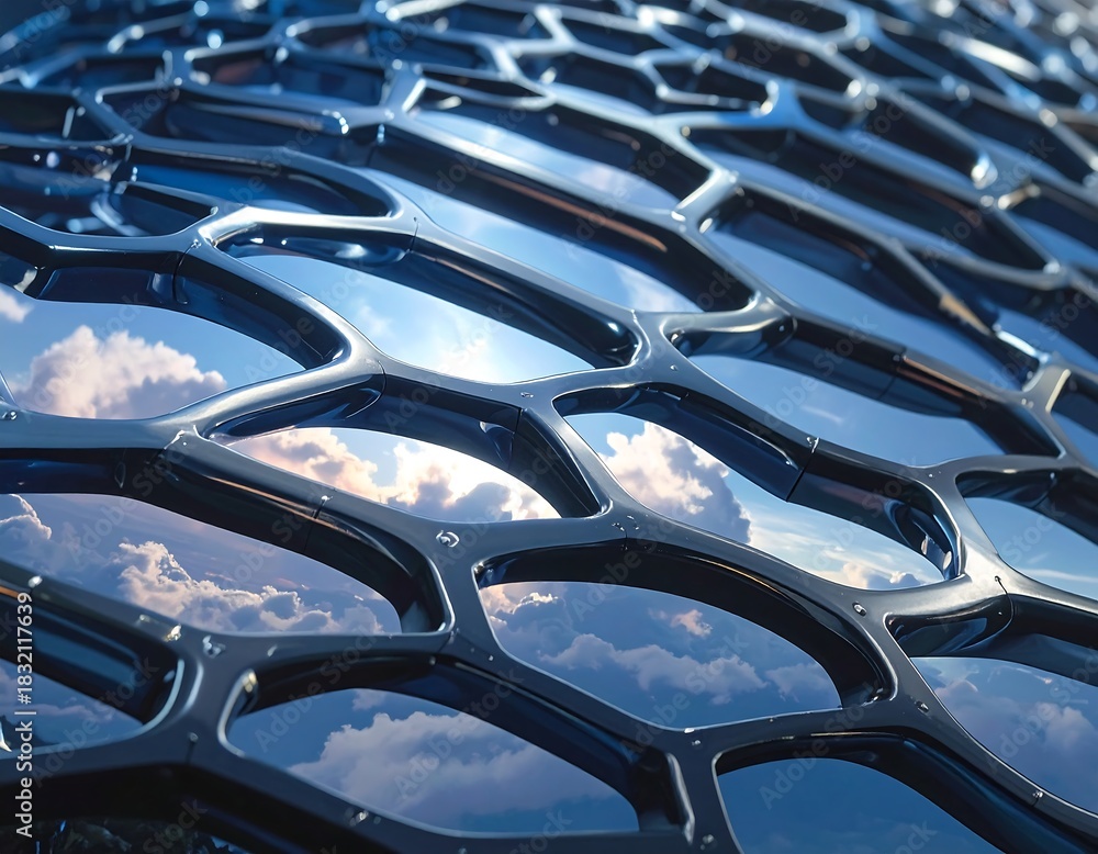 Fototapeta premium Futuristic Hexagonal Structure Reflecting Sky and Clouds.
