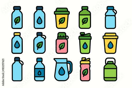 Colorful reusable bottles and cups with eco-friendly symbols