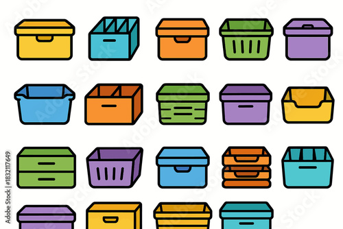 Colorful storage boxes collection with various designs on white background
