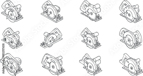 A set of circular saw illustrations in black and white outline vector style, suitable for construction and woodworking projects