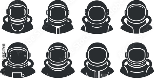 A set of eight astronaut helmet icons in black and white vector style, ideal for space-themed designs and illustrations